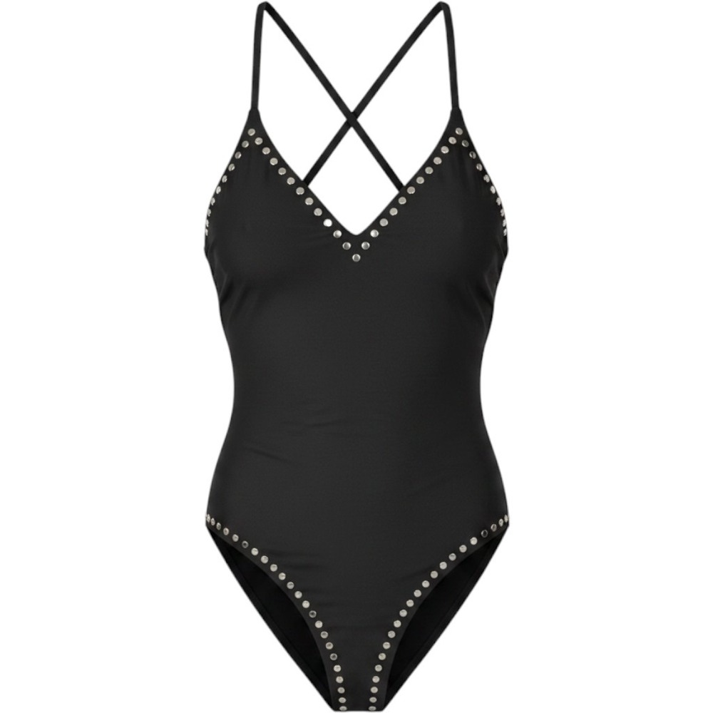 Juicy Couture Women Large One Piece Swimsuit Black Studded Strappy Back New